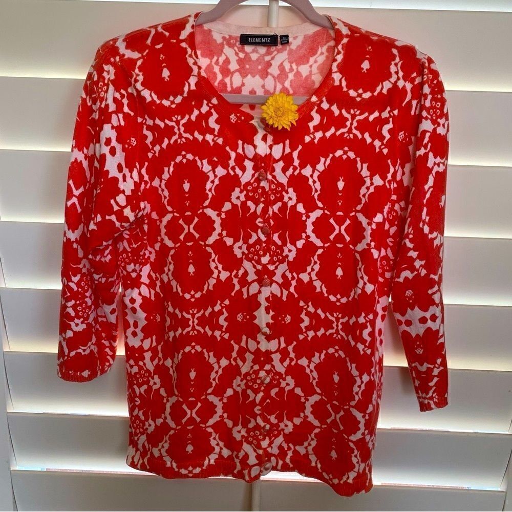 🧥Elementz Coral & White Floral Button Cardigan Sweater Size Medium -VGUC!